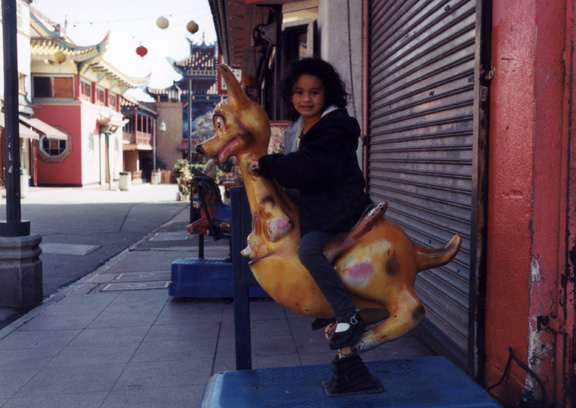 Mari rides a kangaroo!